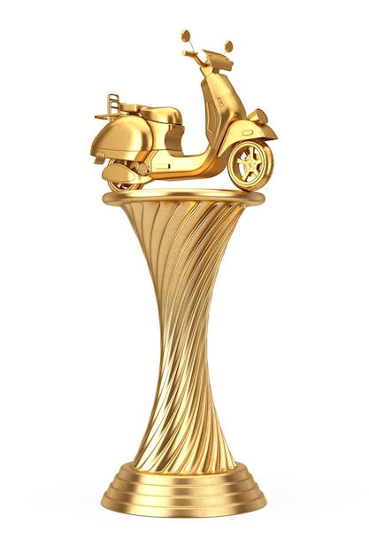 Golden Award Trophy Classic Retro Vintage Retro ou Electric Scooter em um fundo branco. Renderização 3D