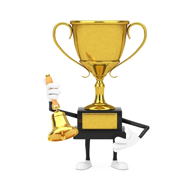 Golden award winner trophy maskottchen person charakter mit vintage golden school bell auf weißem hintergrund. 3d-rendering