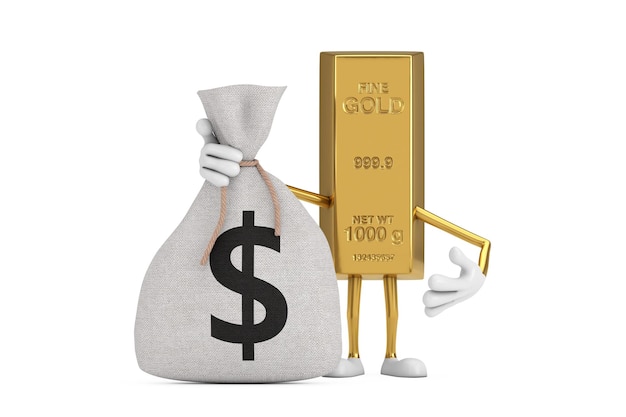 Golden Bar Cartoon Person Character Mascot y Atado Rustic Canvas Linen Money Sack o Money Bag con signo de dólar sobre un fondo blanco 3d Rendering