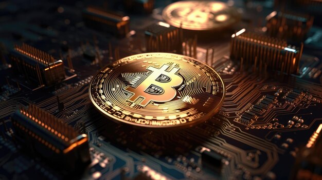 Golden Bitcoin passt perfekt zu einem digitalen Leiterplatten-Hintergrund