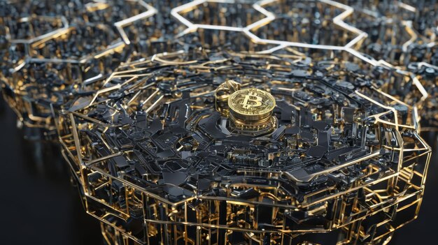 Golden Bitcoin umgeben von schwarzen und goldenen Sechseckern
