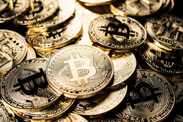 Foto golden bitcoins, concepto de dinero electrónico