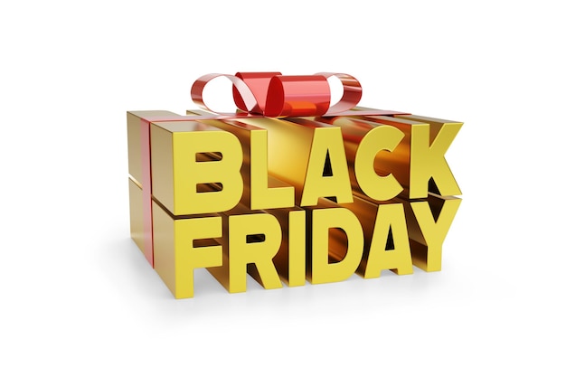 Golden Black Friday Text in Form eines Geschenks isoliert auf weißem Hintergrund 3D-Darstellung