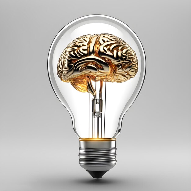 Golden Brain Light Bulb 3D-Kunst Animierte Gold-Idee Illustration Digitales Design generiert von KI