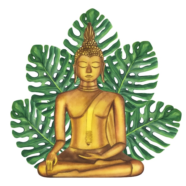 Foto golden buddha tropical verde palmeira deixa monstera símbolo religioso da ásia tailândia china handdrawn aquarela ilustração isolada em fundo branco