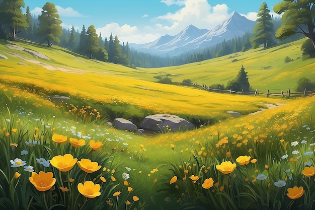 Golden Buttercup Meadow lebendige digitale Malerei