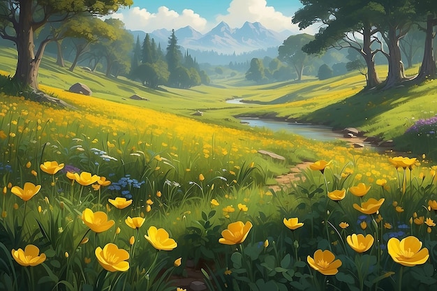 Golden Buttercup Meadow Pintura Digital Vibrante