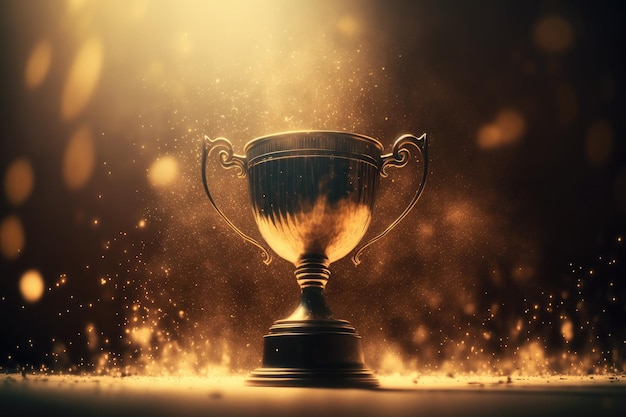 Golden Champion Trophy Cup Gewinner auf Blur Bokeh Dark Lights Hintergrund AI generierte Kunst