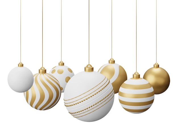 Golden Cricket Hanging Christmas Balls 3d muestra una ilustración aislada sobre un fondo blanco