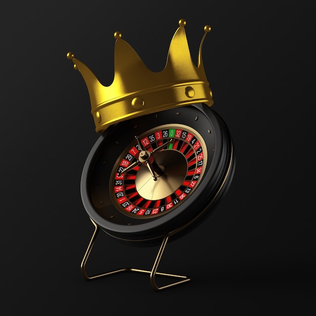 Golden Crown sobre Black Casino Roulette Wheel em um fundo preto Renderização 3D