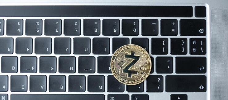 Foto golden cryptocurrency en teclado portátil zcach coin crypto es dinero digital dentro de la red blockchain