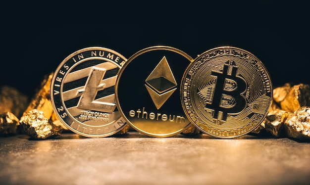 Golden cryptocurrencys Bitcoin Ethereum Litecoin y montículo de oro imagen del concepto de negocio