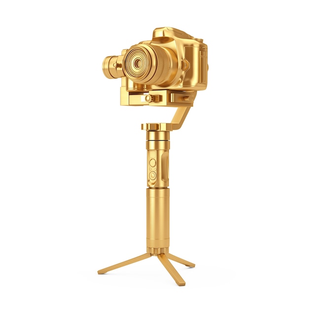 Golden DSLR o sistema de trípode de estabilización de cardán de cámara de video sobre un fondo blanco. Representación 3D