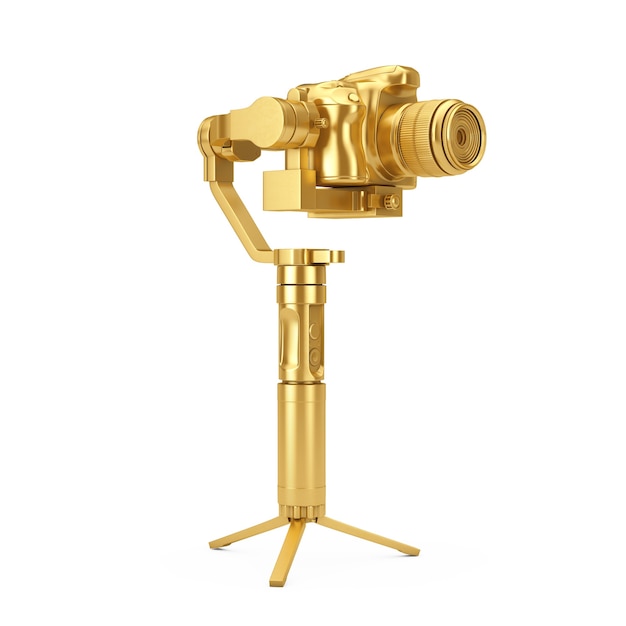 Golden DSLR o sistema de trípode de estabilización de cardán de cámara de video sobre un fondo blanco. Representación 3D