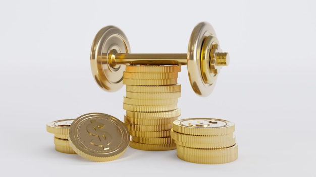 Golden dumbbell con monedas de dólar aisladas sobre un fondo blanco Concepto de negocio 3D Render