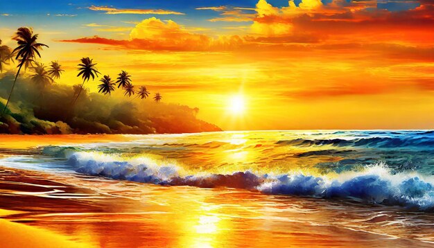 Golden Horizon Tropical Beach Seascape in der warmen Umarmung eines Sonnenuntergangs