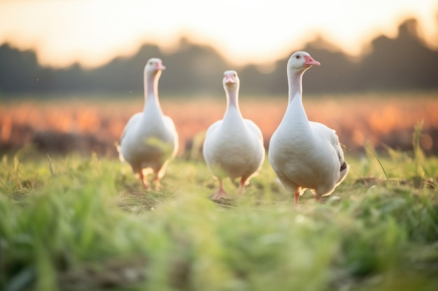 Golden Hour-Beleuchtung auf Gänsen im ländlichen Feld