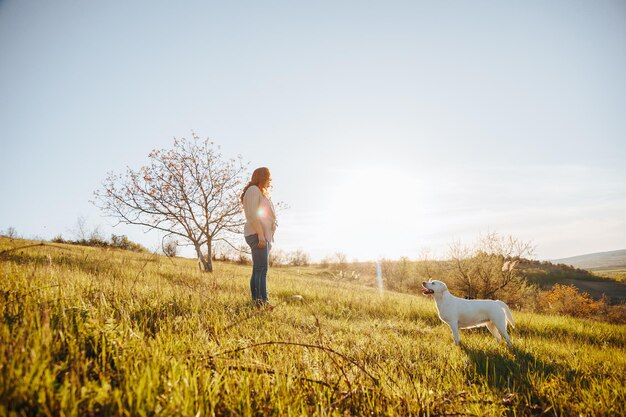Golden Hour Delight Woman e Labrador Dogs abraçando o pôr-do-sol Amizade e diversão Mulher se unindo com seu labrador