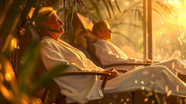 Golden Hour Entspannung Zwei Personen genießen einen Spa-Tag in der warmen Umgebung Licht Serenität in einer tropischen Umgebung mit üppigem Grün Perfekt für Wellness und Reise Themen KI