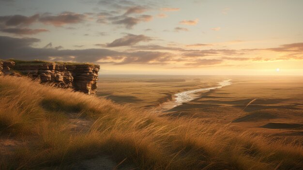 Golden Hour Landschaft Eine hyperrealistische Klippe mit grasbewachsenem Feld