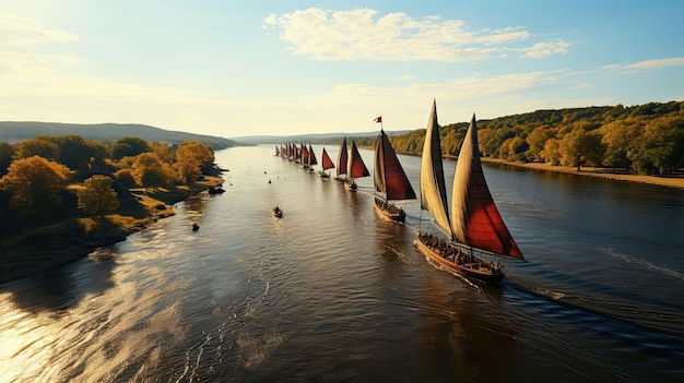 Golden Hour Luftansicht von Wikingerschiffen, die auf einem Fluss zwischen Herbstbäumen segeln