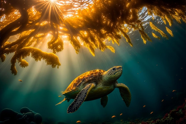 Golden Hour Tartaruga na Floresta Subaquática de Kelp