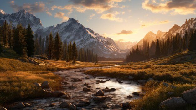 Foto golden hour wilderness landscape um pôr-do-sol fotorrealista em dps 3d valley scene