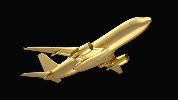 Golden Jet Passenger39s Flugzeug auf schwarzem Hintergrund 3D-Rendering