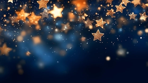 Golden leuchtende Sternenlichterkette mit Bokeh-Hintergrund und Kopierraum