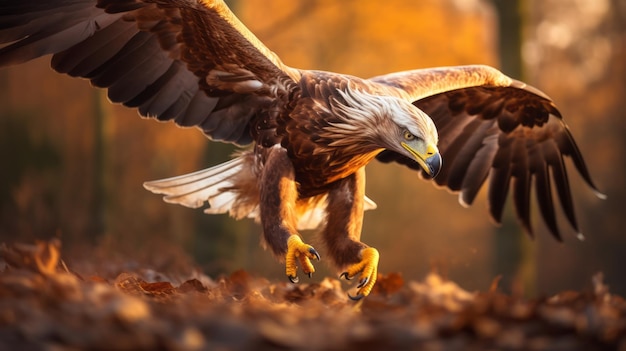 Golden Light Una representación realista de un águila volando en picado en un bosque