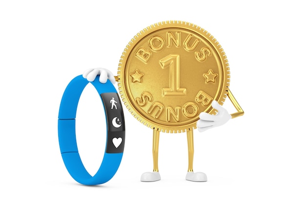 Golden Loyalty Program Bonus Coin Person Character Mascote com Blue Fitness Tracker sobre um fundo branco. Renderização 3D