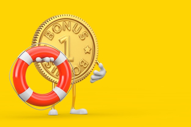 Golden Loyalty Program Bonus Coin Person Character Mascote com bóia salva-vidas em um fundo amarelo. Renderização 3D