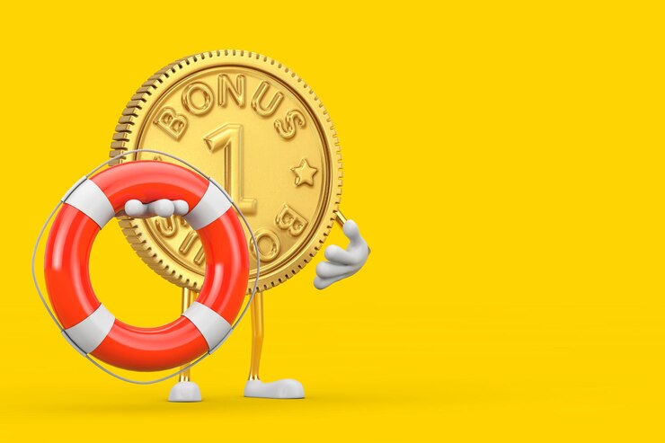 Foto golden loyalty program bonus coin person character mascote com bóia salva-vidas em um fundo amarelo. renderização 3d
