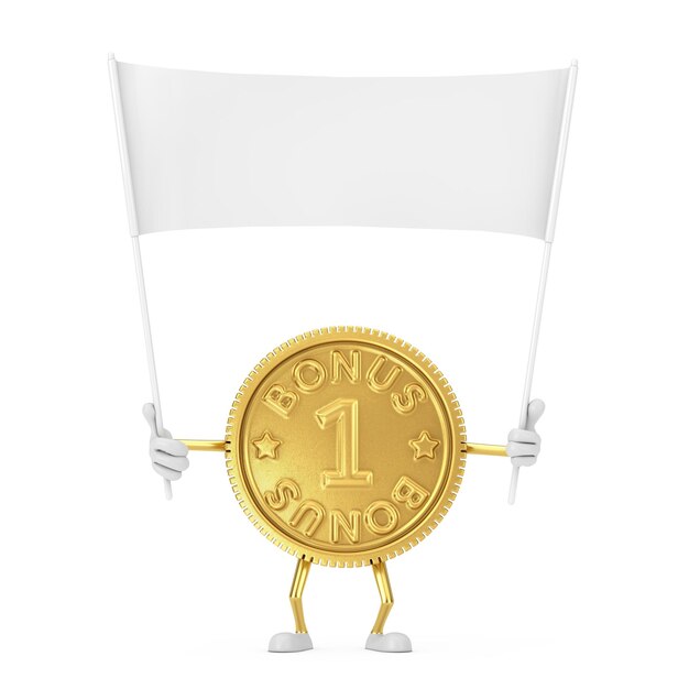 Golden Loyalty Program Bonus Coin Persona Personaje Mascota y Banner en blanco blanco vacío con espacio libre para su diseño sobre un fondo blanco. Representación 3D