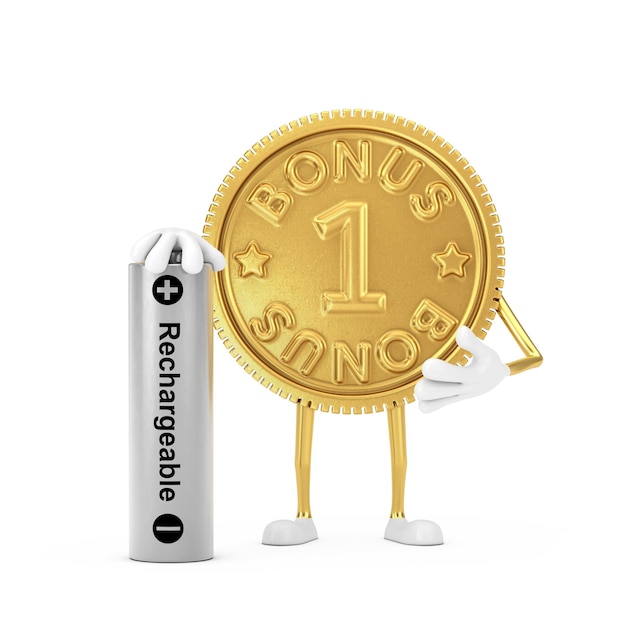 Golden Loyalty Program Bonus Coin Persona Personaje Mascota con batería recargable sobre un fondo blanco. Representación 3D