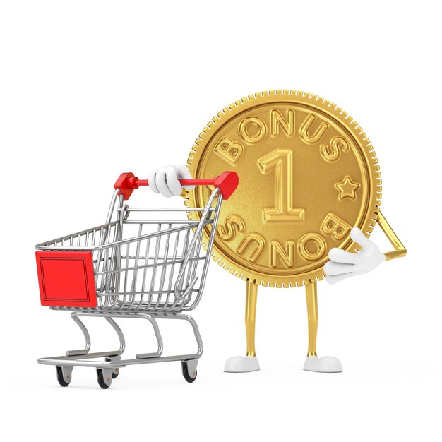 Golden Loyalty Program Bonus Coin Persona Personaje Mascota con Carrito de Compras Trolley sobre un fondo blanco. Representación 3D