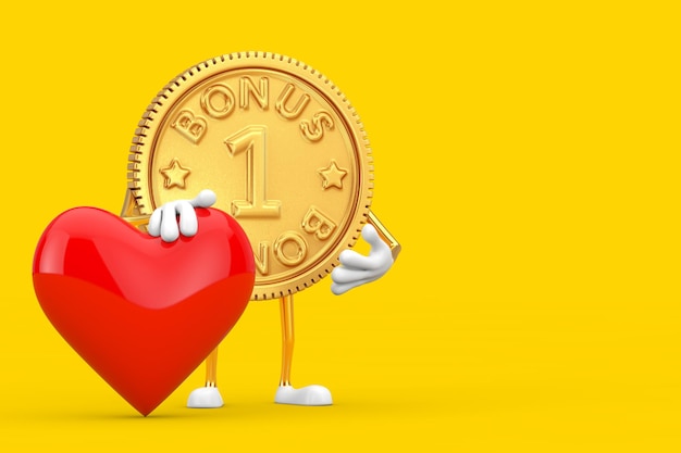Golden Loyalty Program Bonus Coin Persona Personaje Mascota con corazón rojo sobre un fondo amarillo. Representación 3D