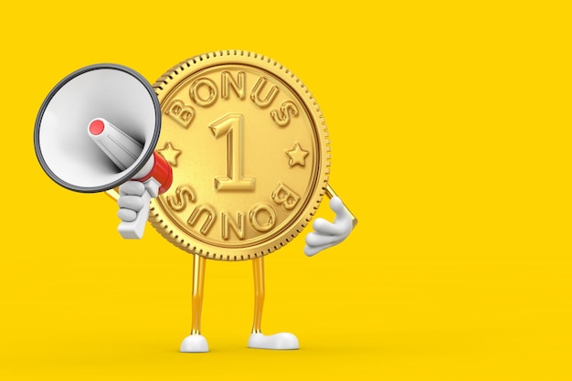 Golden Loyalty Program Bonus Coin Persona Personaje Mascota con megáfono retro rojo sobre un fondo amarillo. Representación 3D