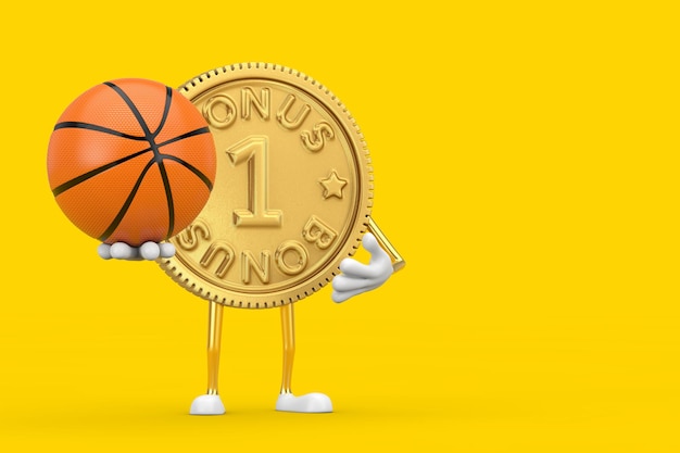 Golden Loyalty Program Bonus Coin Persona Personaje Mascota con pelota de baloncesto sobre un fondo amarillo. Representación 3D