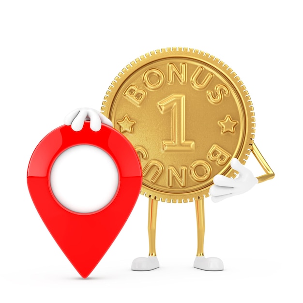 Golden Loyalty Program Bonus Coin Persona Personaje Mascota con Pin de destino de puntero de mapa rojo sobre un fondo blanco. Representación 3D