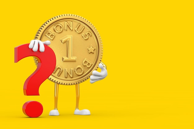 Golden Loyalty Program Bonus Coin Persona Personaje Mascota con signo de interrogación rojo sobre un fondo amarillo. Representación 3D