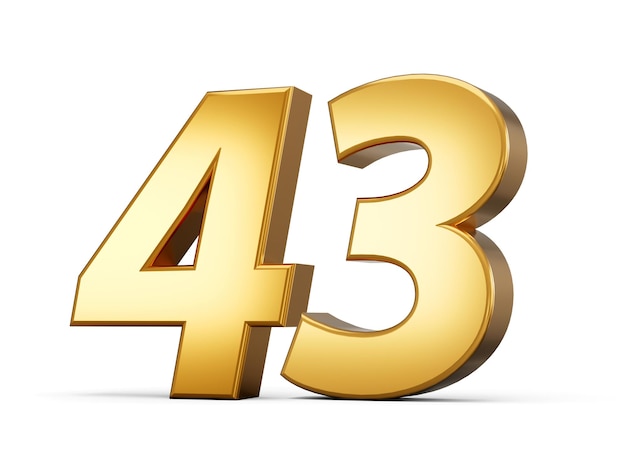 Golden metallic Nummer 43 Dreiundvierzig Weißer Hintergrund 3D-Darstellung