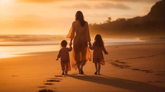 Golden Moments Caminhada na praia ao pôr do sol para mãe e filho