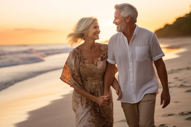 Golden Moments paseo por la playa de una pareja de mediana edad al atardecer