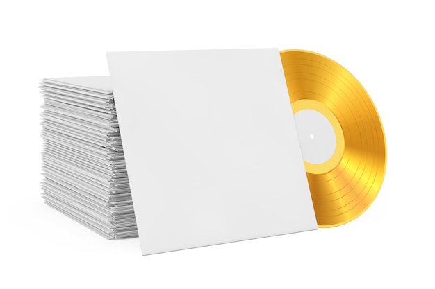 Golden Old Vinyl Record Disk in Blank Paper Case mit freiem Platz für Ihr Design in der Nähe von Stack of Record Disk auf weißem Hintergrund. 3D-Rendering