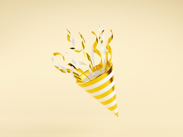 Golden Party Popper mit fliegendem Konfetti 3D-Render-Illustration. Goldfeuerwerkskörper explodiert mit Serpentin für Überraschungs- oder Gewinnerkonzept - Geburtstags- und Jubiläumsbanner mit Kegelknaller.