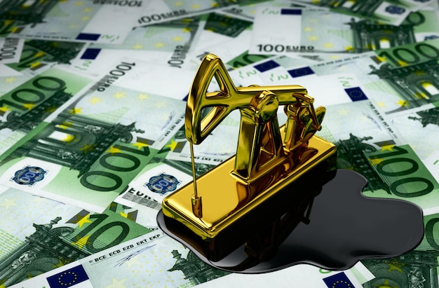 Golden pumpjack e óleo derramado sobre euros