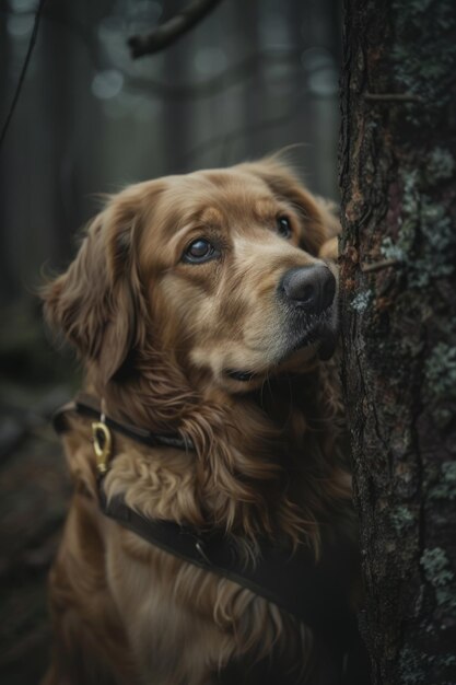 Foto golden retriever apoyado en un árbol