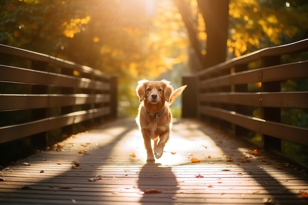 Golden Retriever auf einer rustikalen Holzbrücke