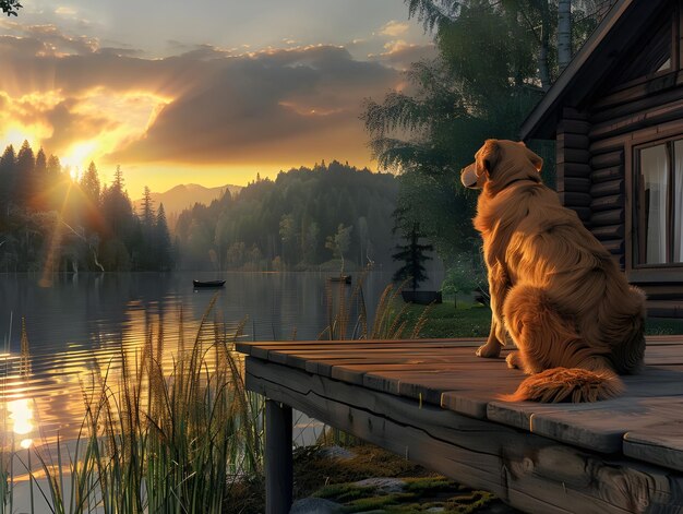 Golden Retriever beobachtet friedlich den Sonnenuntergang, der von Ai erzeugt wurde